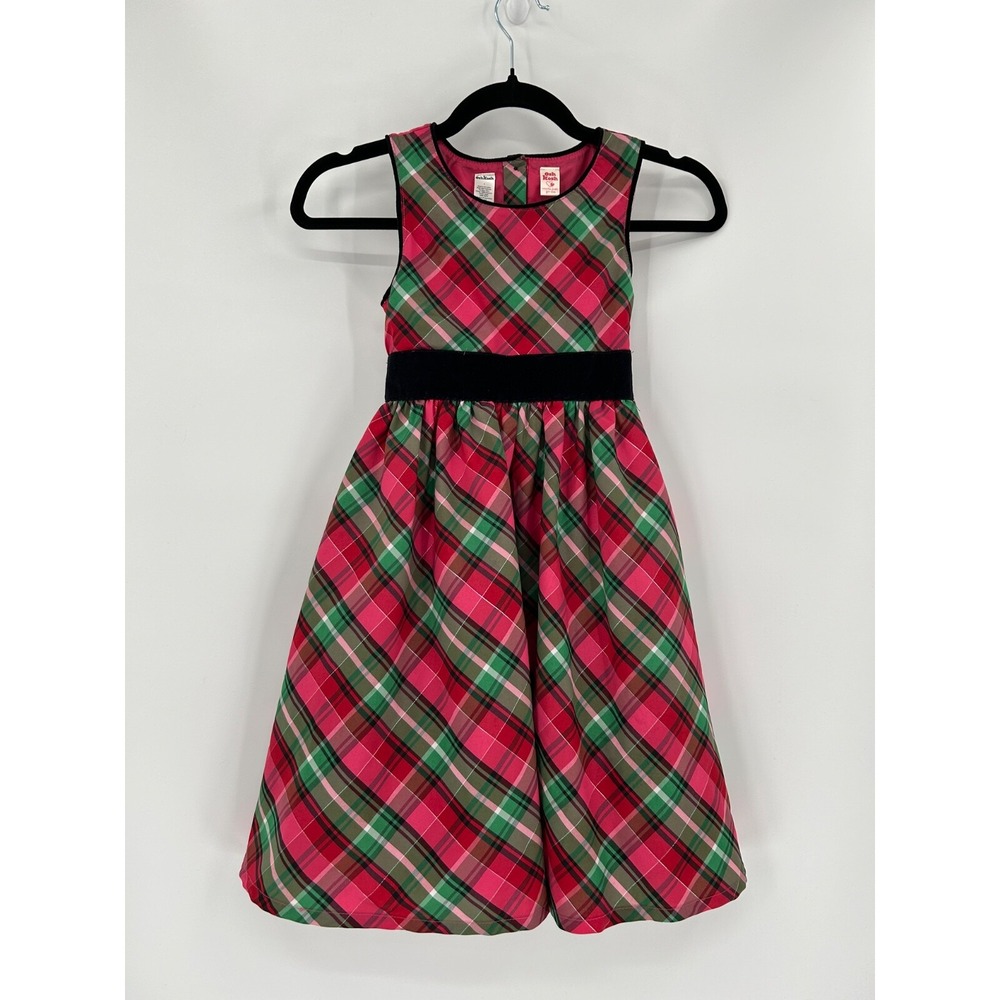 Vintage Oshgosh Girls 7 Pink Red & Green Plaid Dress Lined With Tulle Velvet Tie